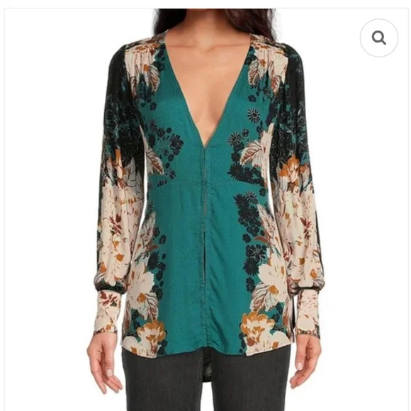 Free People Mikayla Floral Print Tunic Top Green XS - Picture 1 of 10